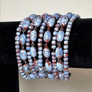 Blue and Brown Tone Metal Multi Strand Beaded Statement Bracelet